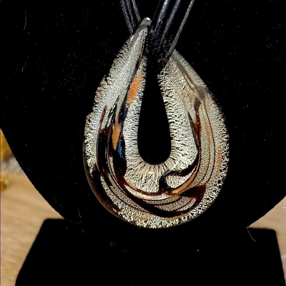 Art, glass, teardrop, pendantt on black lace